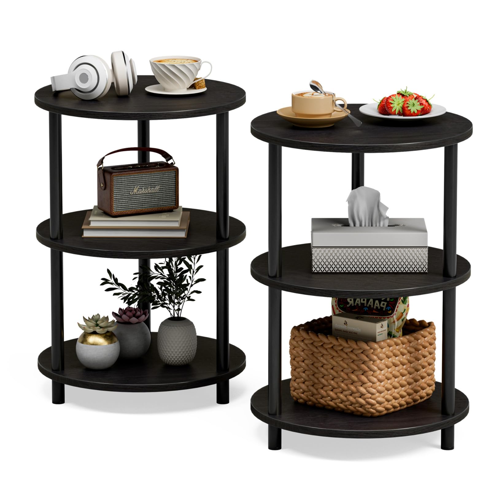 Small Round End Table - 3 Tier Design Accent Table, Narrow Side or Bedside Stand, Industrial Vintage Nightstand for Bedroom, Living Room, or Small Spaces, Rustic Brown