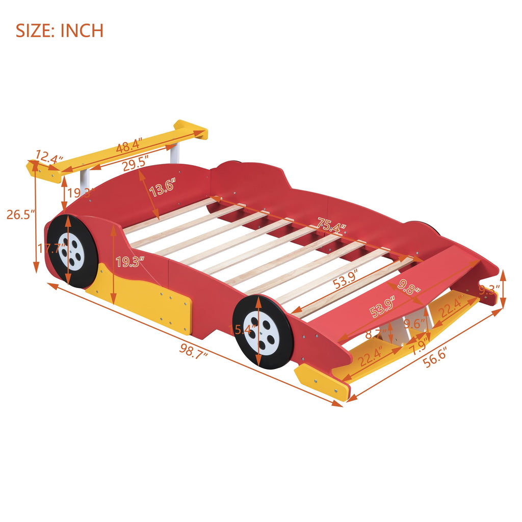 Bellemave Full Size Race Car Bed for Kids,Wood Car-Shaped Platform Bed with Storage Shelves,Car Bed Full with Wheels for Boys,Girls,(Full,Red)