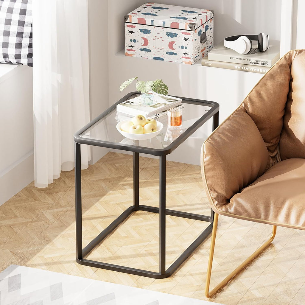Garden 4 you Glass Side Table, Rectangle End Table with Metal Frame, Modern Bedside Table for Office, Bedroom, Living Room, Study, Small Spaces,Easy Assembly,23.6x15.7x20.8 Inches,Black