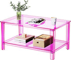 Acrylic Coffee Table with Storage Shelf,Rectangle Living Room 2-Tier Center Table for Small Spaces (Rectangle, Pink, Nomal)