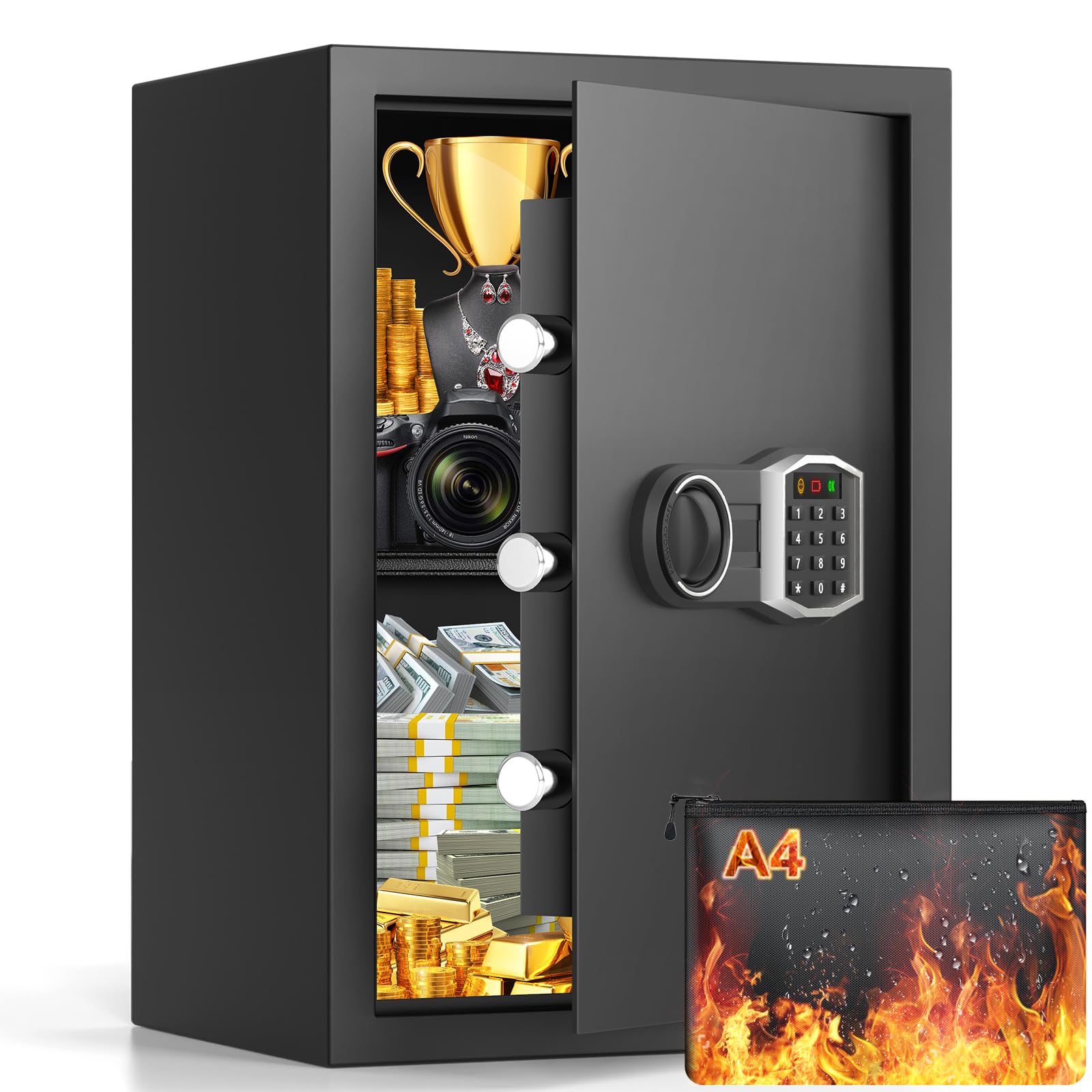2.8 Cub Grote Thuiskluis Brandwerend Waterdicht, Digitale Brandwerende Kluis Met Brandwerende Tas, Combinatieslot en Alarmsysteem, Brandkluis Voor Thuis Documenten Geld Waardevolle Zaken