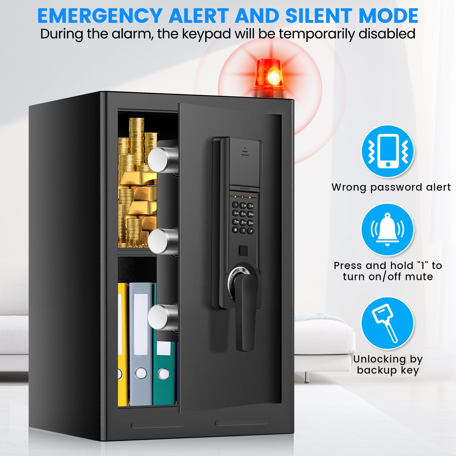 3.0 Cub Large Safe for Home Use, Fireproof Home Safe Box with Electronic Keypad, Spare Key, Smart Alarm, Mute Mode, Anti-theft Fire proof Safe for Documents, Jewelry, Medicines