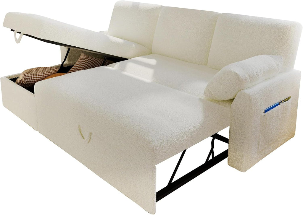 VanAcc Sleeper Sofa, Sofa Bed- 2 in 1 Pull Out Couch Bed with Storage Chaise for Living Room, White Sherpa Couch