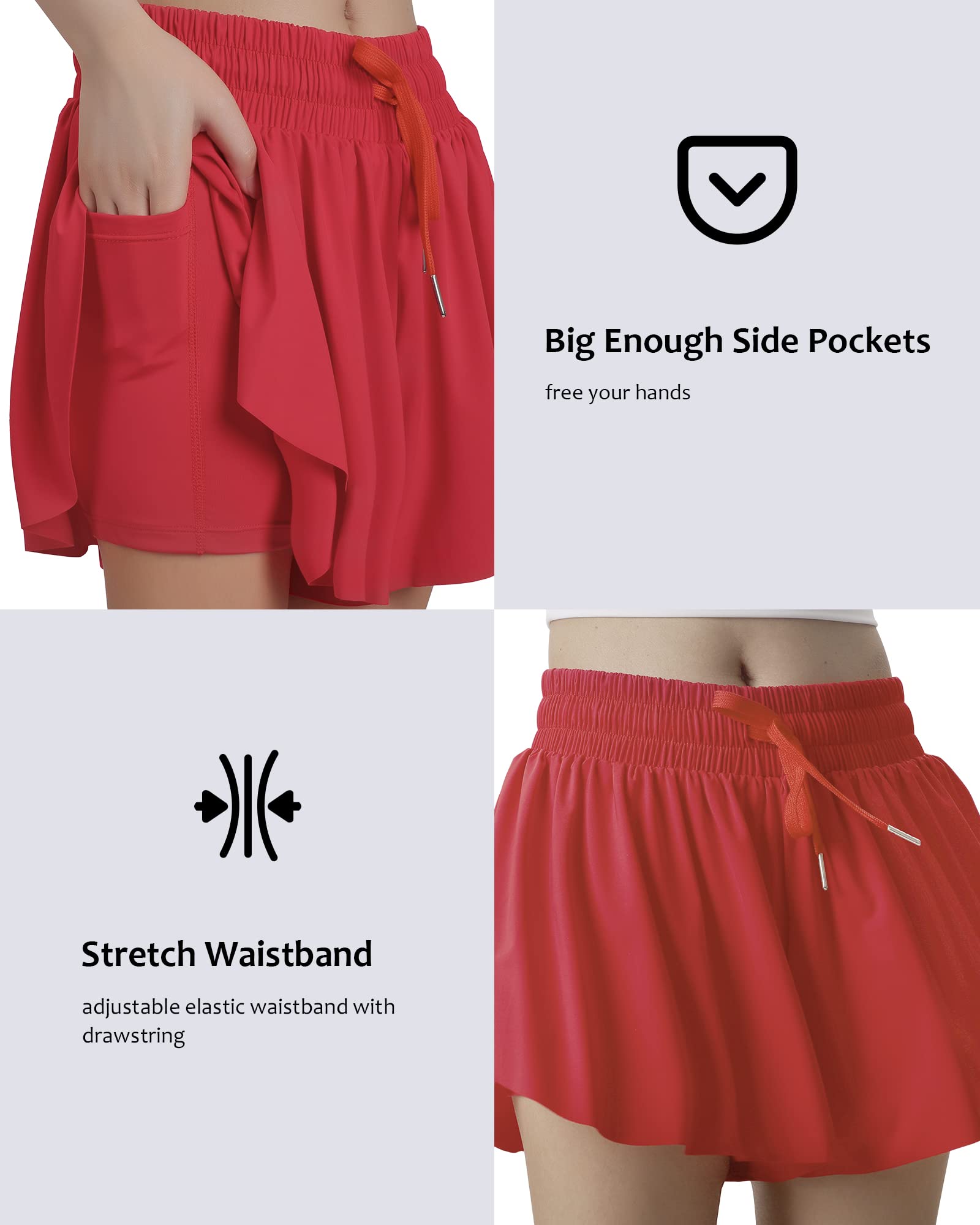 HASMES Girls Butterfly Shorts Teen Flowy Athletic Shorts for Running Dance Cheer 5-14Y Red