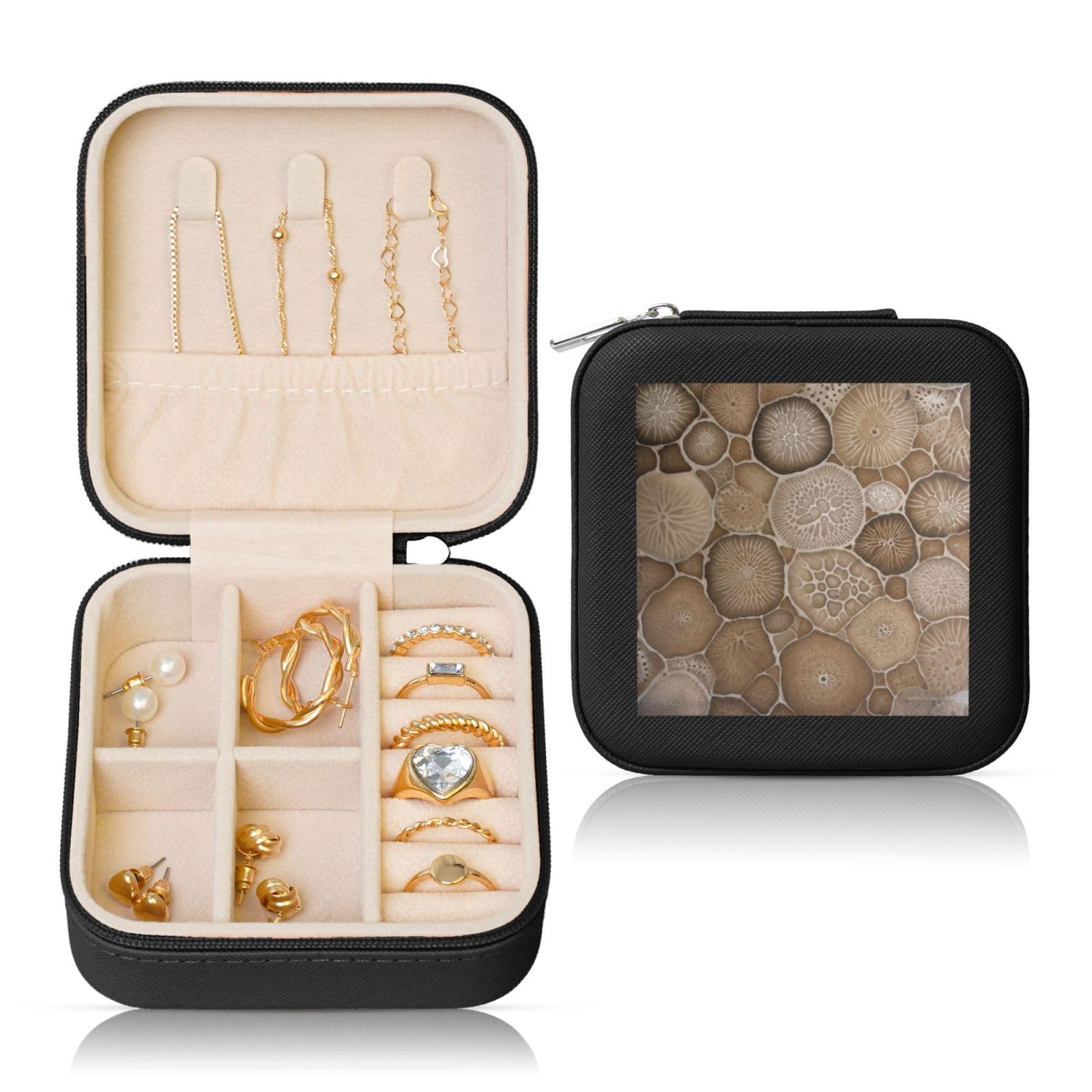 Petoskey Stone Printed Leather Jewelry Box, White Square Jewelry Organizer for Earrings, Rings, Necklaces, Bracelets