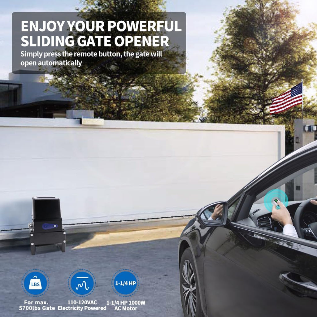 TOPENS CK2500 Automatic Sliding Gate Opener Chain Drive Electric Gate Motor for Heavy Driveway Slide Gate Up to 5700 Pounds Security Gate Operator AC Powered with 20ft Roller Chain and Remote Control