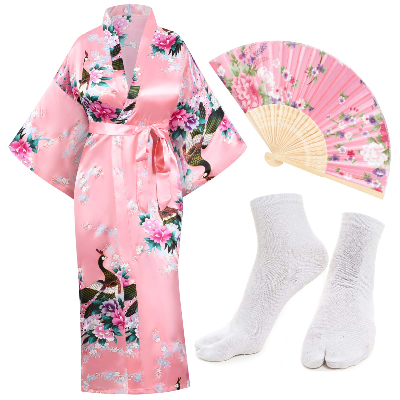 Heone Kimono Satin Peacock Printed Lightweight Cardigan Jacket Coat Yukata Cloak Bathrobe Tops folding Fans Tabi Socks Set