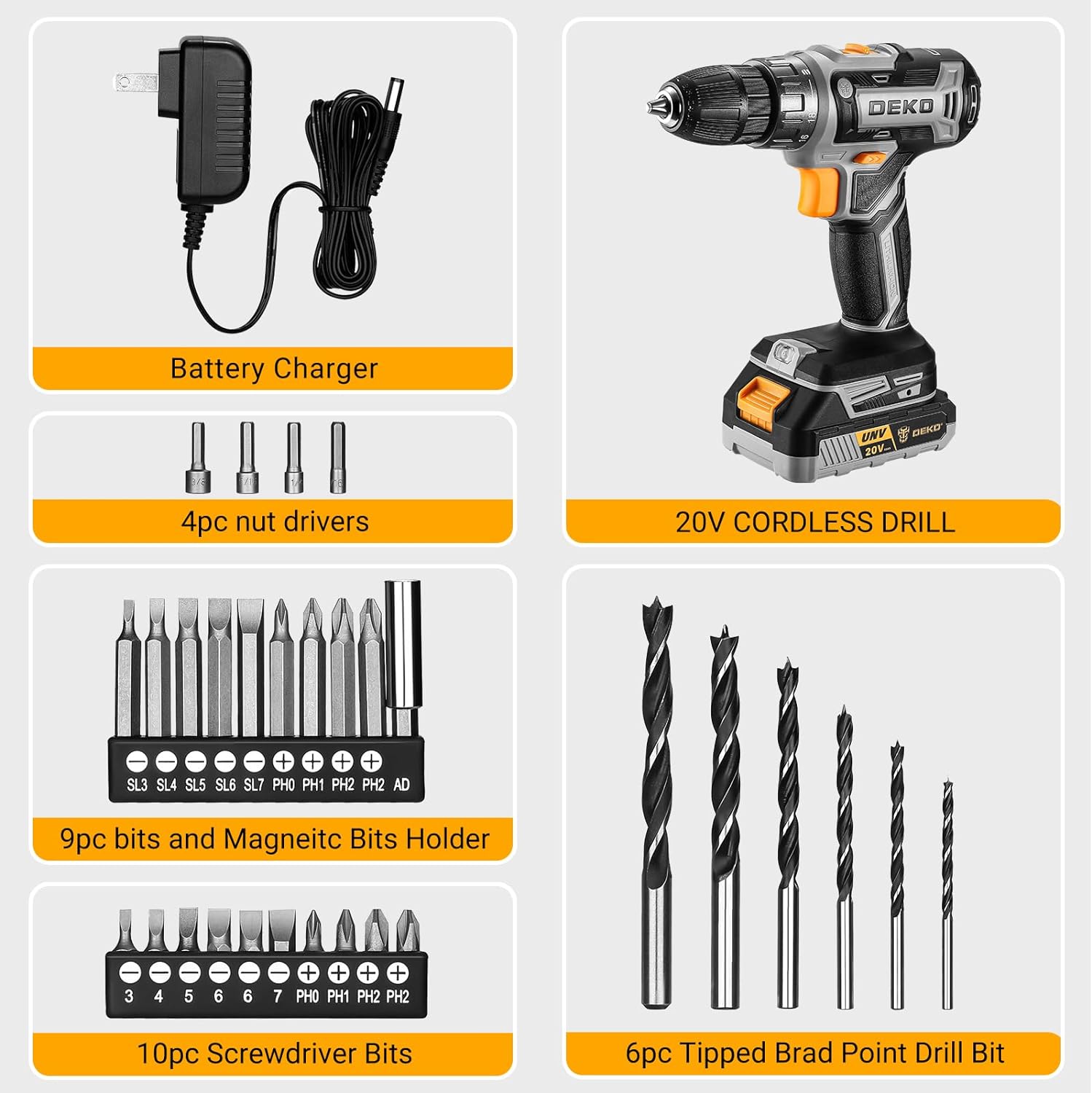 Power Drill Cordless: DEKO PRO Cordless Drill 20V Electric Power Drills Set Tool Drills Cord-less Set with Battery and Charger