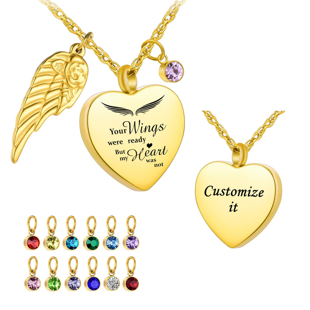 Dletay Heart Urn Necklace for Ashes with 12 Birthstones Cremation Jewelry for Ashes -Your Wings Were Ready My Heart Was Not