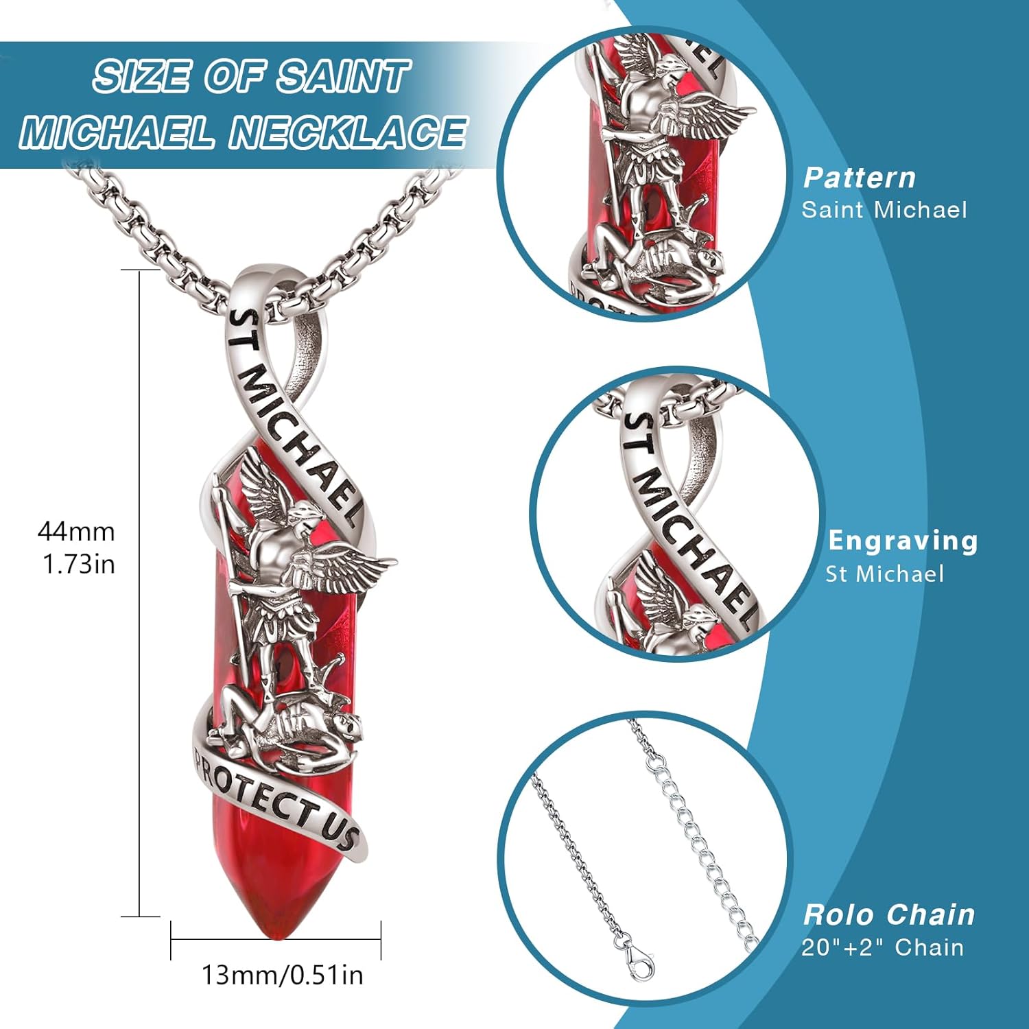 St Michael Necklace 925 Sterling Silver Archangel Michael Pendant Healing Crystal Point Saint Michael Necklace Amulet Protection Catholic Jewelry for Men Women