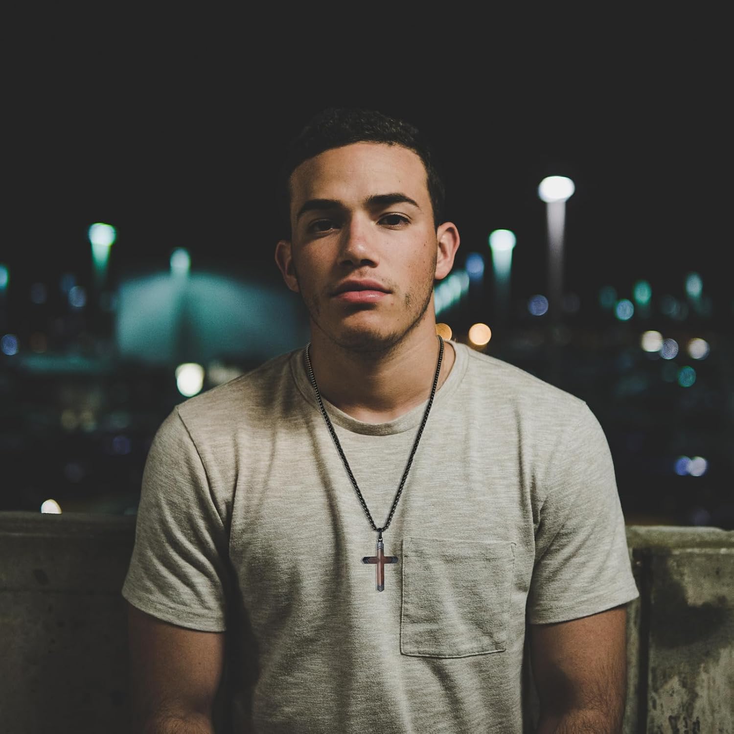 Wooden Cross Necklace for Men, Real Ebony Inset In Black Stainless Steel Christian Wood Crucifix Pendant, Includes Necklace 24" Box Chain