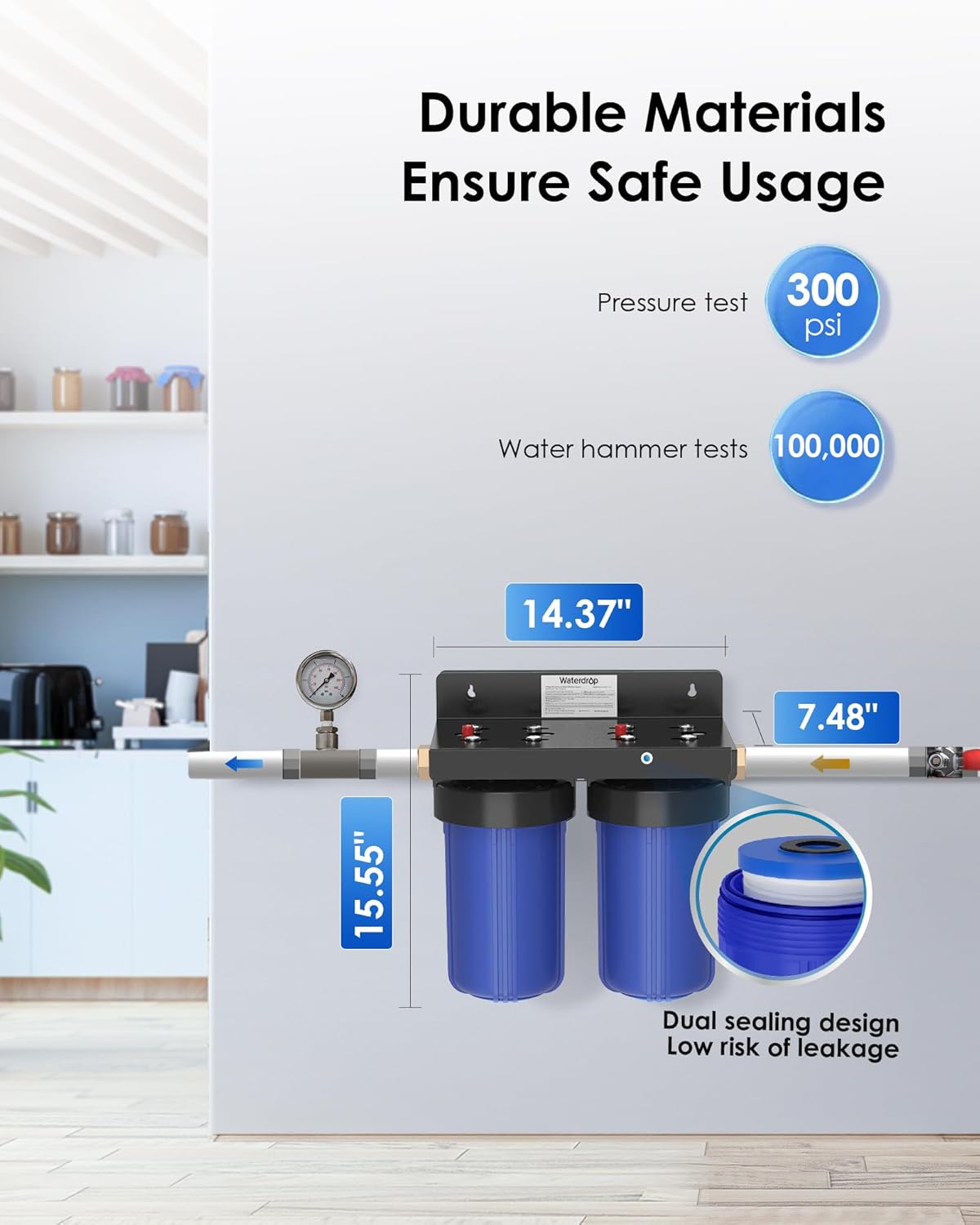 Waterdrop Whole House Water Filter System, with Carbon Filter and Sediment Filter, 5-Stage Filtration, Highly Reduce Lead, Chlorine, Odor and Taste, 2-Stage 5 Micron WD-WHF21-PG, 1" Inlet/Outlet