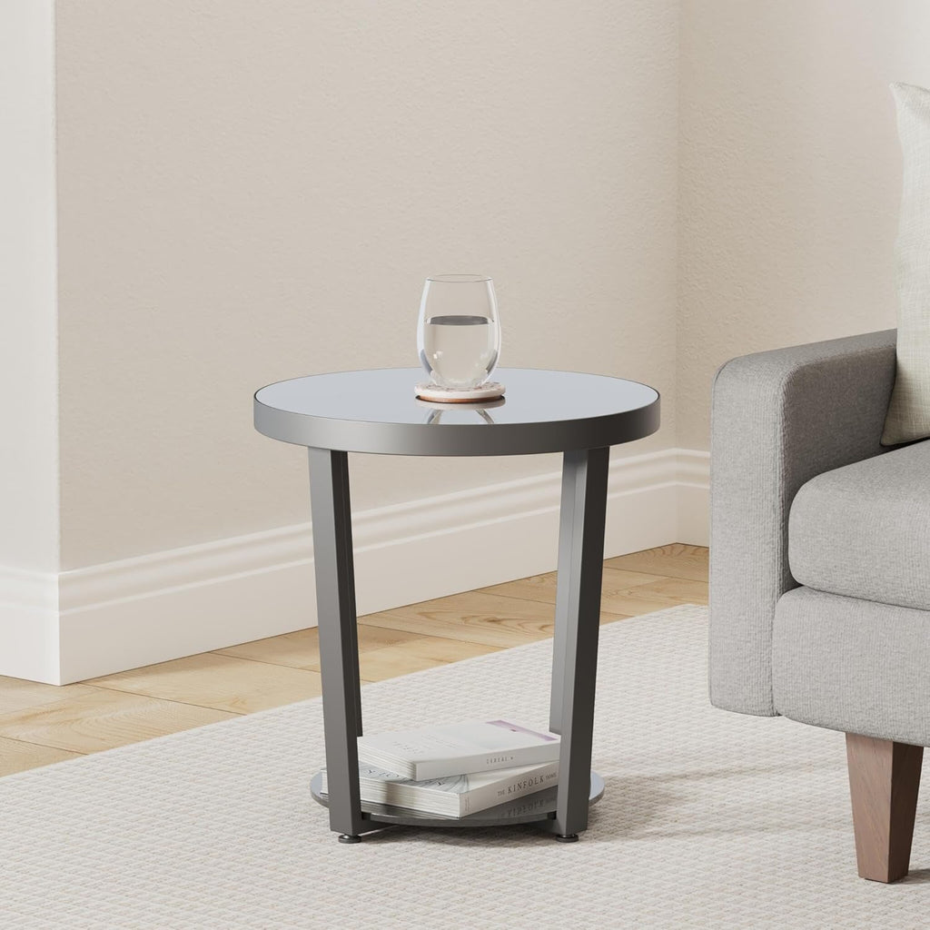 Round End Table, Tempered Glass End Table with Metal Frame, Small Coffee Table, Black Sofa Side Table for Living Room, Balcony, Bedroom