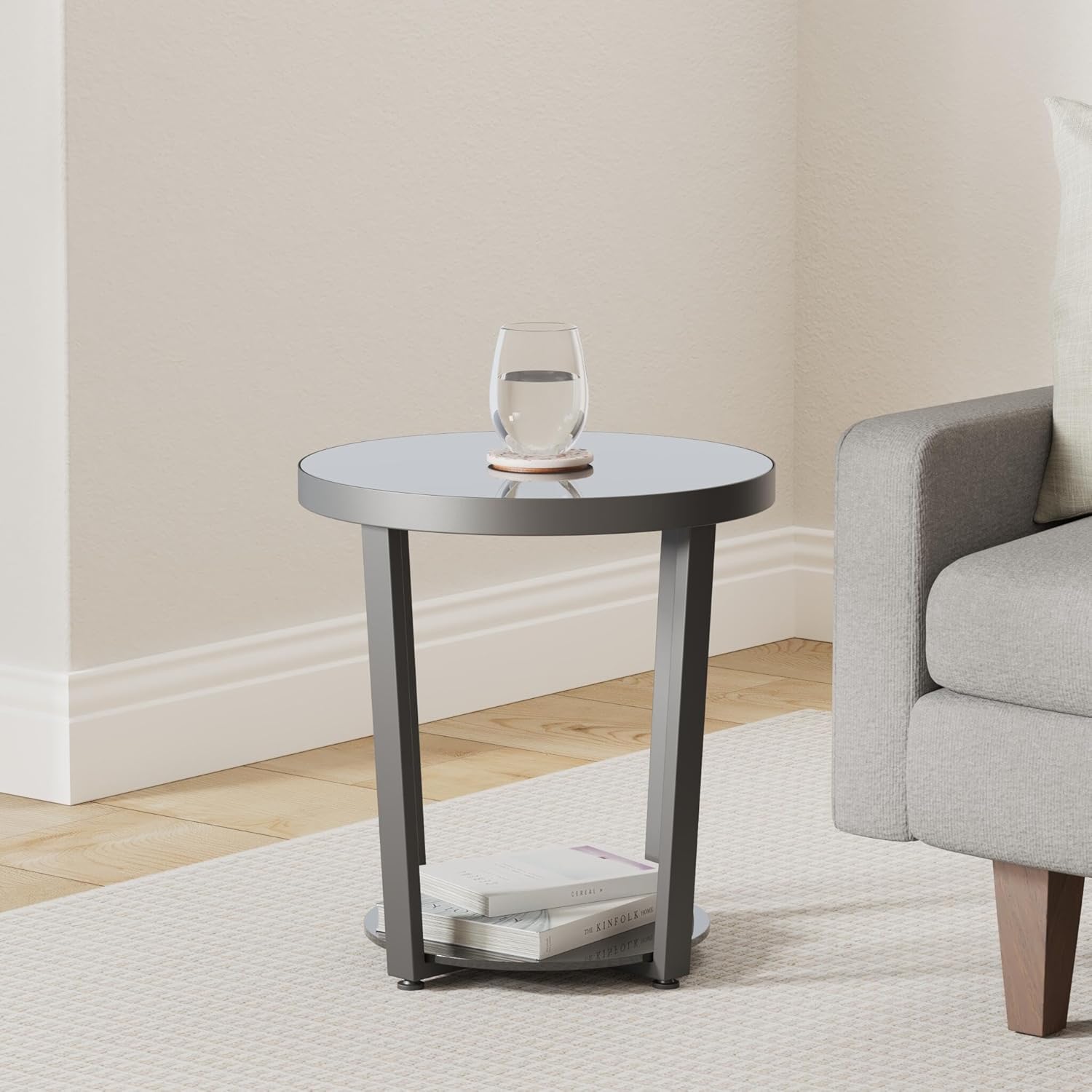 Round End Table, Tempered Glass End Table with Metal Frame, Small Coffee Table, Black Sofa Side Table for Living Room, Balcony, Bedroom