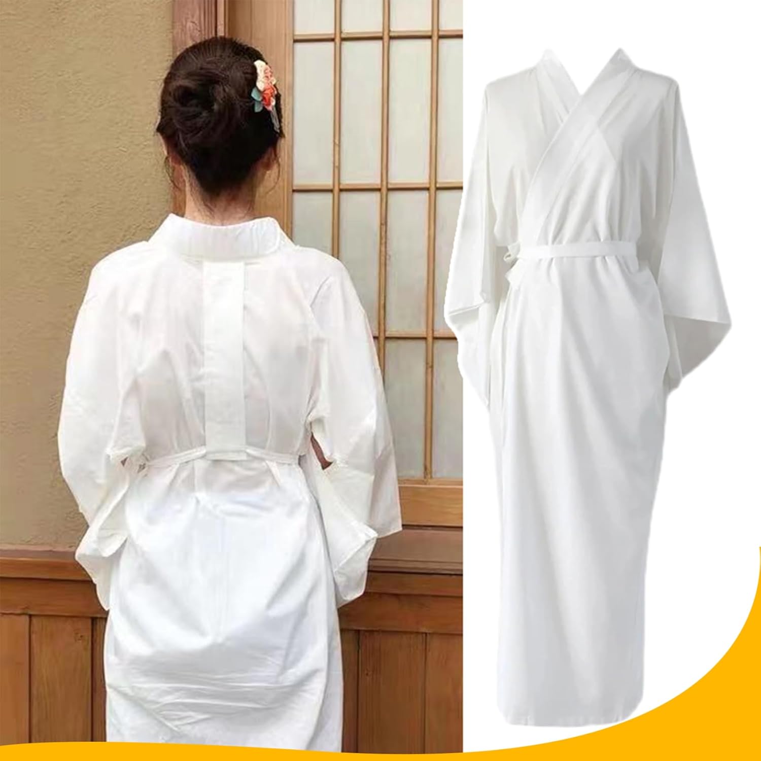 Japanese Kimonos for Women Solid White Traditional Japanese Kimono with Belt One Size Japanese Robe Length Sleeves Yukata Lining Pajamas for Vacation Spa Hospital Deliver and Gym Traditional for Wome