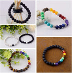 Black Lava Stone 7 Chakra Bracelets, 8mm Yinyang Rock Bead Elastic Natural Gemstones Oil Diffuser Yoga Menditation Beads Bracelets for Men Women Girls Jewelry (6pcs)