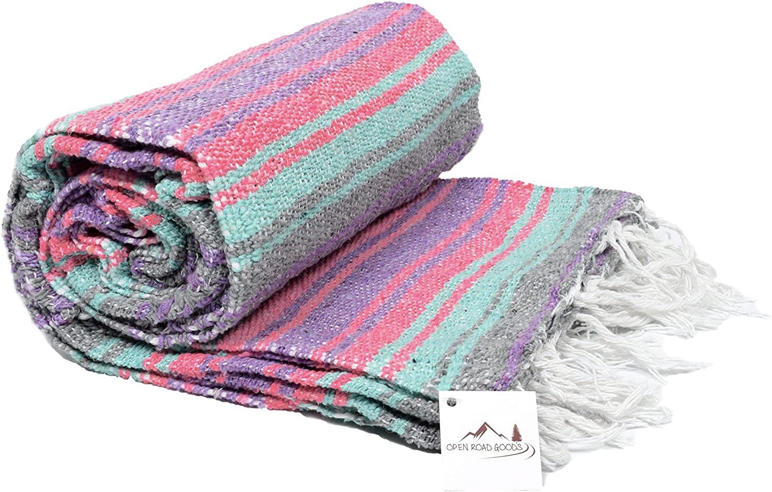 Open Road Goods Multi Color Mexican Falsa Blanket - Handwoven in Mexico - Great for The Beach, Picnics, Yoga, or a Throw! (Grey Pastel)