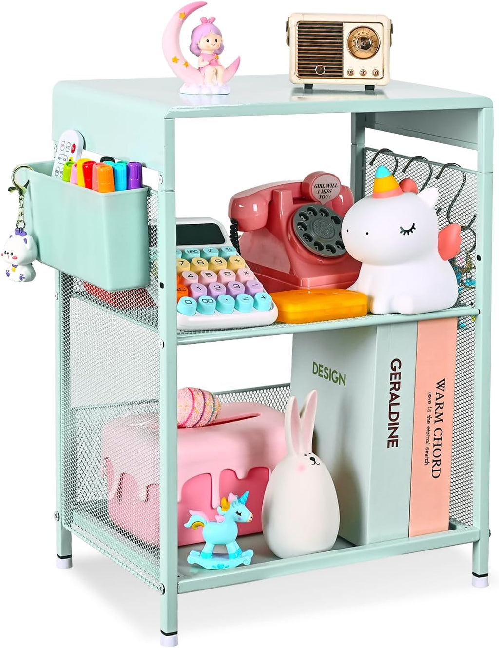 Mint Green Nightstand, End Table with Hooks and Holder, Kids Nightstand for Bedroom, Toddler Bedside Table, Small Desk for Girls, Coffee Table for Living Room, Dorm, Office (Mint)