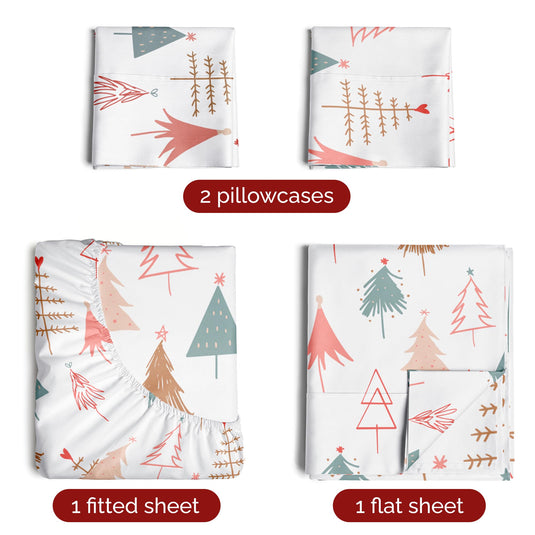 King Christmas Tree Sheet Set - Holiday Xmas Pattern Linen Set - Deep Pockets - Snug Fit - 4 Piece - Wrinkle Free - Comfy & Cooling Festive Winter Bedding - Easy To Care For - Kid Friendly