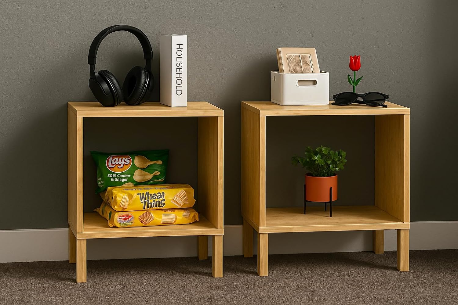 Bamboo Coffee Table Set of 2 – Modern End Tables for Living Room – Compact Side Corner Tables for Sofa or Bedroom – Minimalist Natural Wood Accent Furniture