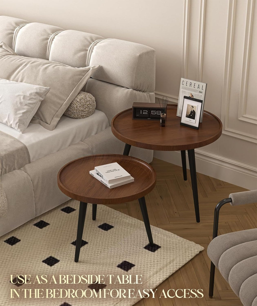 2-Piece Walnut Coffee Table,Durable Mid Century Small Round Coffee Tables for Living Room,Easy Assembly Modern Nesting Coffee Tables Set,Circle Side Tables for Sofa Bedside Balcony