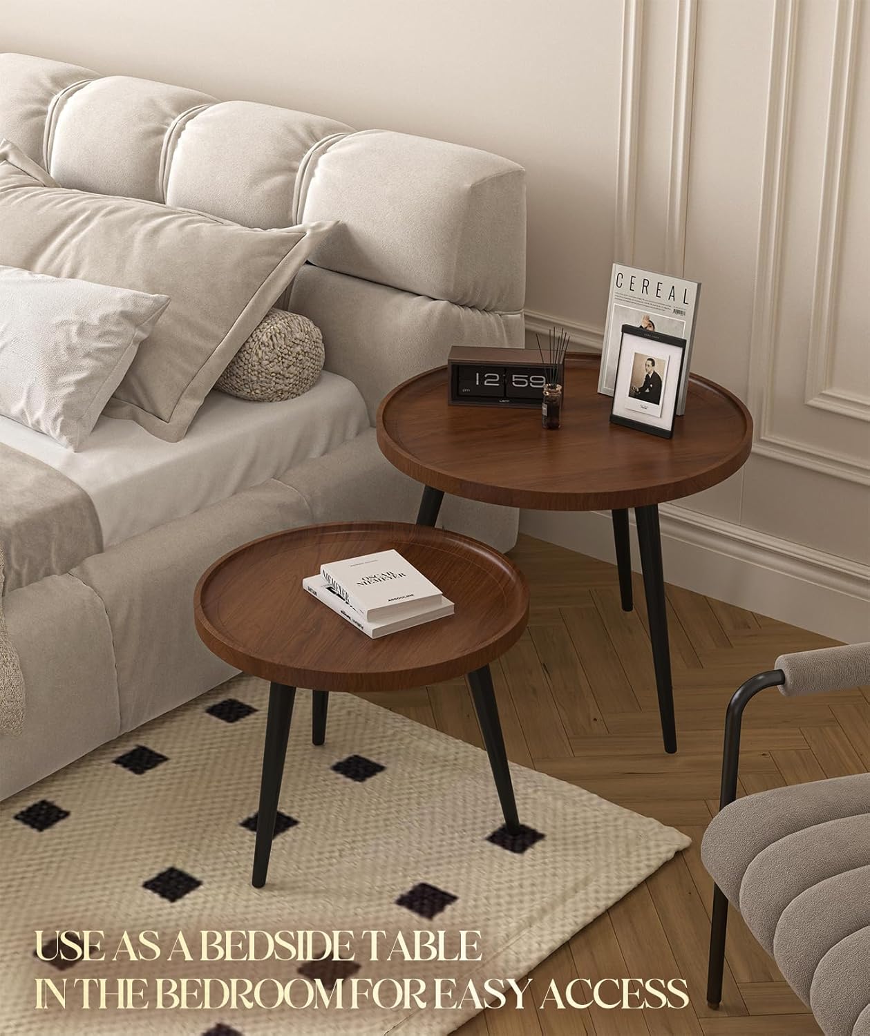 2-Piece Walnut Coffee Table,Durable Mid Century Small Round Coffee Tables for Living Room,Easy Assembly Modern Nesting Coffee Tables Set,Circle Side Tables for Sofa Bedside Balcony