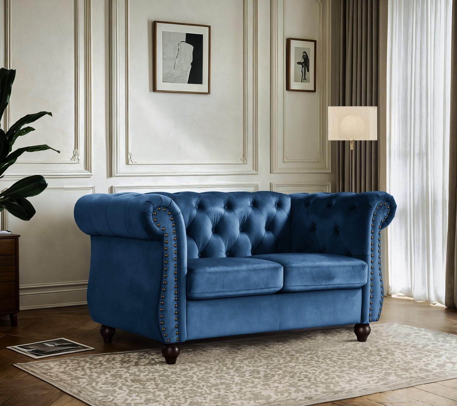 Container Furniture Velvet Chesterfield Couch, Button-Tufted Backrest, Rolled Arms, High-Density Foam with Spring Support, Elegant Accent Piece, Sofa, Dark Blue