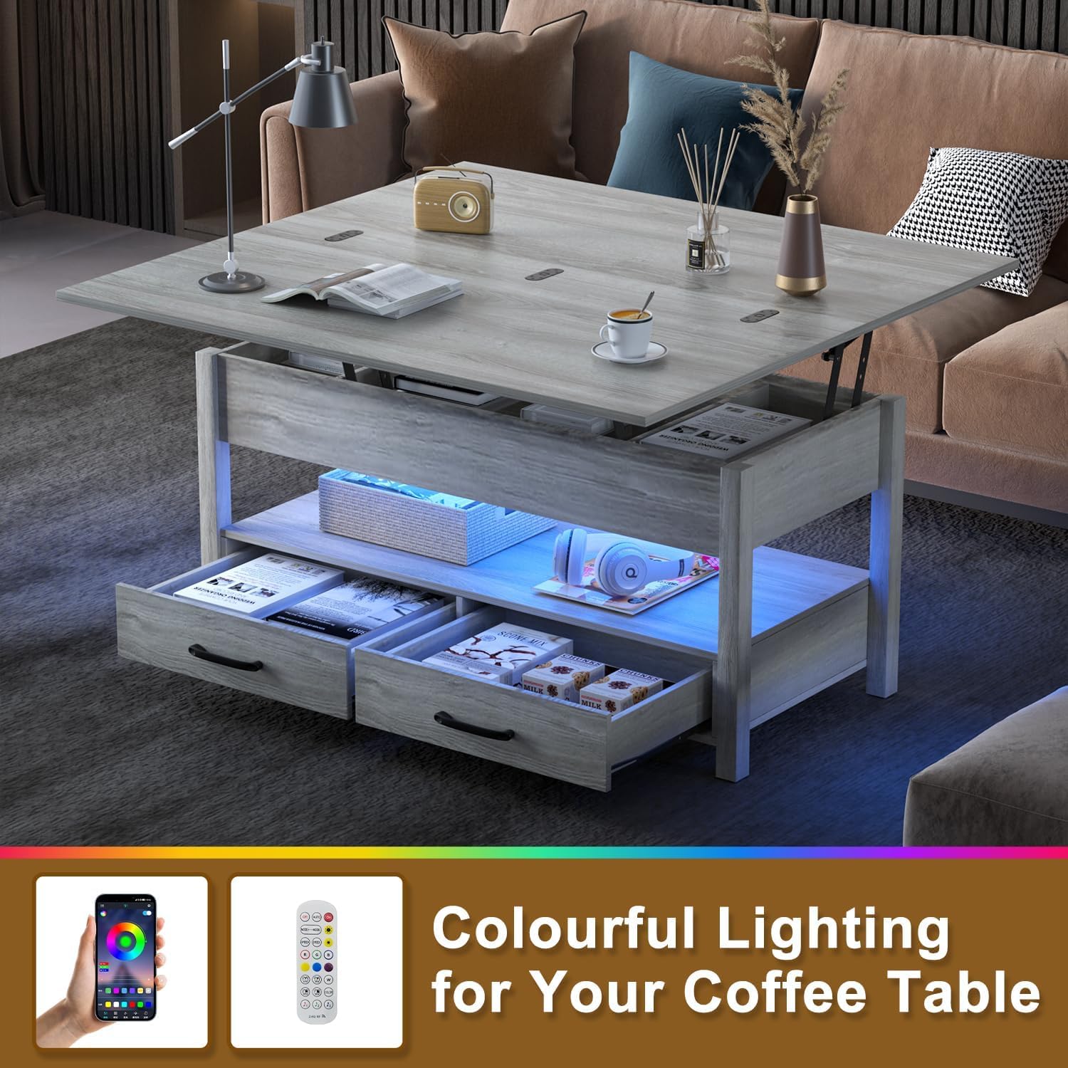 42'' Lift Top Coffee Table with LED, 4-in-1 Multifunctional Coffee Table with Drawers and Hidden Compartments, Converts to Dining Table for Living Room, Reception Room, Grey