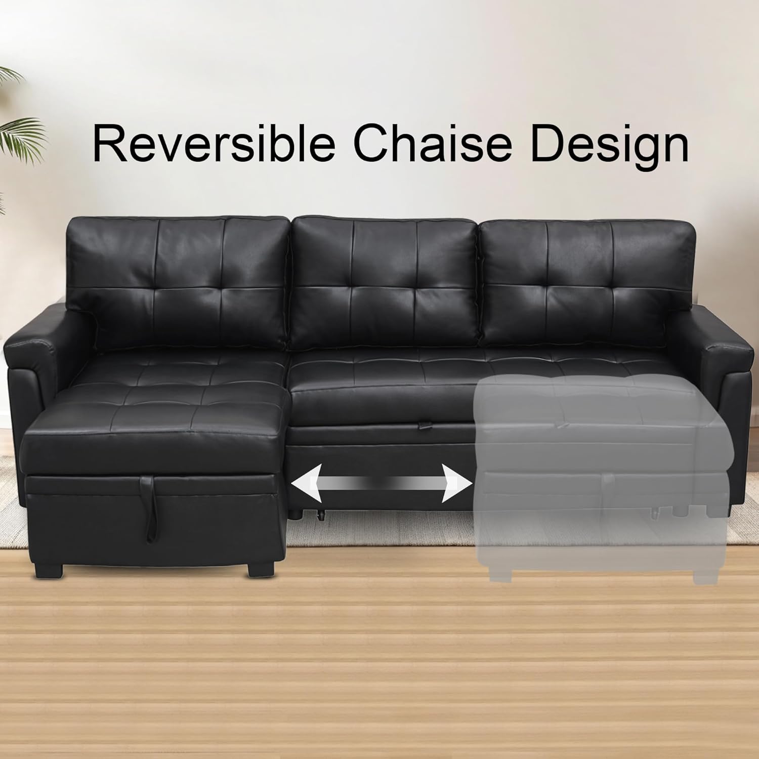 Naomi Home Transform Any Space: Sleeper Sectional Sofa with Convertible Sofa Bed & Inviting Chaise. Find Tranquil Comfort with Stress-Relieving Design & Durable Cushions - Black/Air Leather