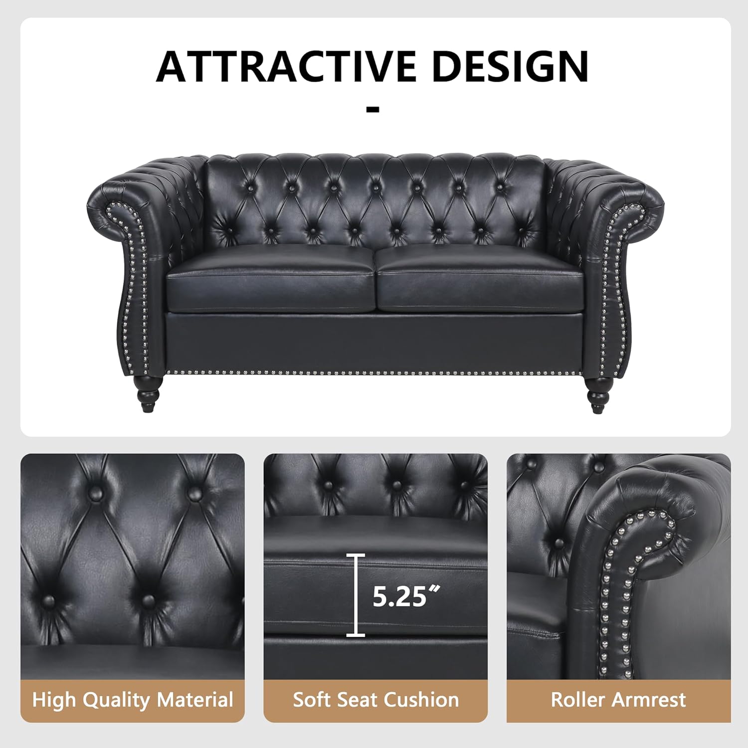 AVZEAR Chesterfield Loveseat Sofa, Upholstered Sofa Modern 2 Seater Couch Sofa Set Style Button Tufted, Mid-Century PU Chesterfield Sofa for Living Room Apartment, PU Black