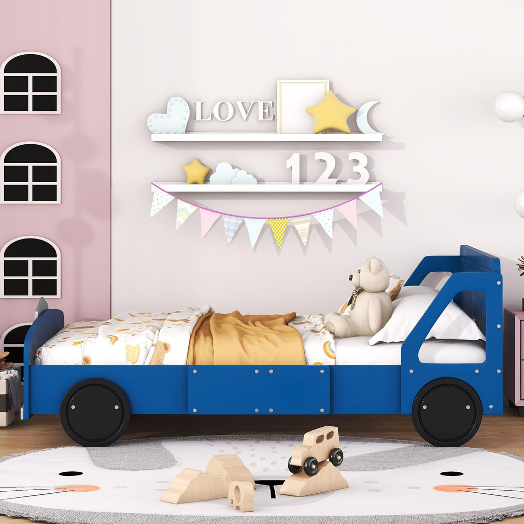 SOFTSEA Lit en forme de voiture taille réelle, cadre de lit en bois avec roues et barrières de sécurité, lit au sol en forme de voiture pour enfants garçons, pas besoin de sommier, bleu