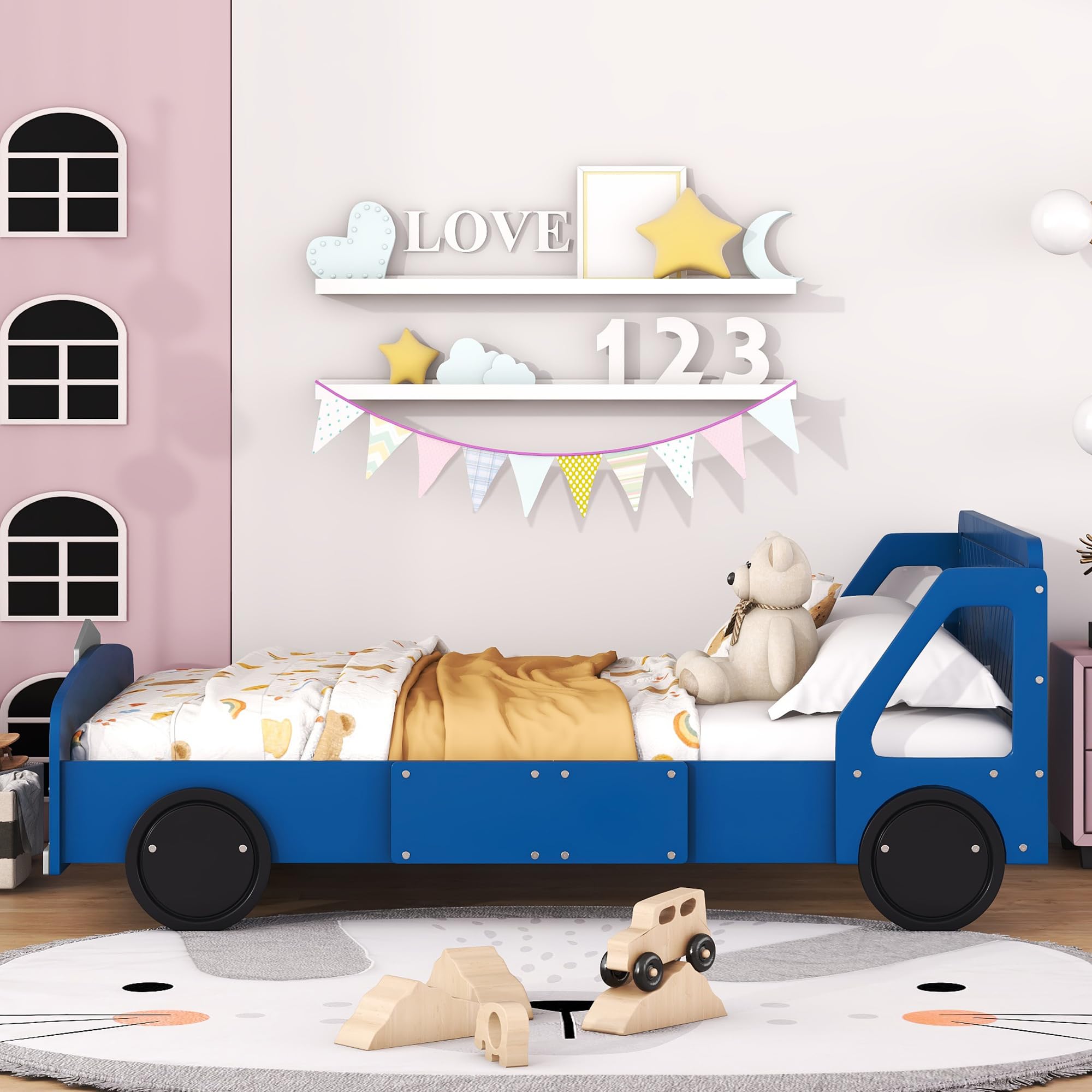 SOFTSEA Lit en forme de voiture taille réelle, cadre de lit en bois avec roues et barrières de sécurité, lit au sol en forme de voiture pour enfants garçons, pas besoin de sommier, bleu