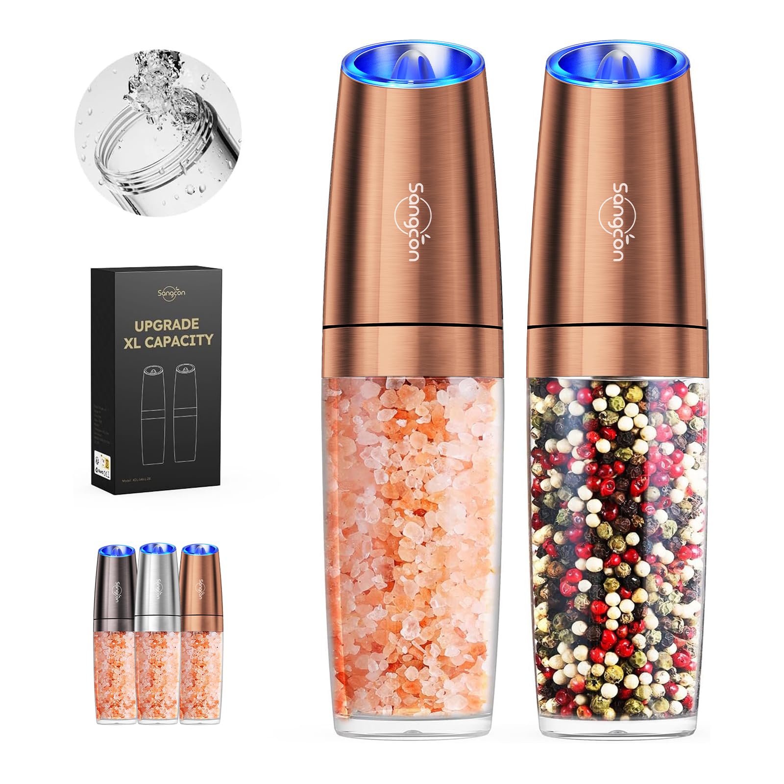 Sangcon Gravity Electric Pepper and Salt Grinder Mill Automatic Shaker Grinder with LED Light, Battery Powered Adjustable Coarseness One Hand Operation, Upgraded Larger Capacity, 1pc