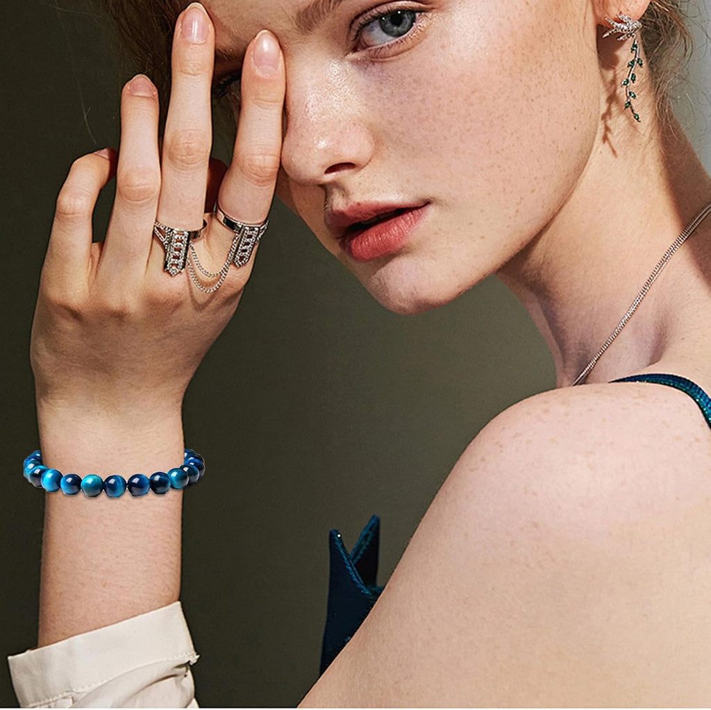 SONNYX 10PCS Tiger Eye Bracelet For Men 8MM Natural Stone Beads Bracelet Set Stretch Lava Rock Bracelets Adjustable Black Crystal Beaded Bracelet for Men Women