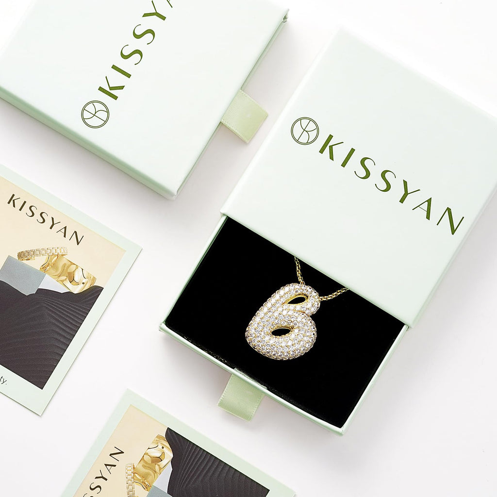 KissYan Bubble Letter Necklace, 14K Gold Plated Balloon Initial Pendant Box Chain Necklace Dainty Pave CZ Jewelry Gift for Women(Gold A)