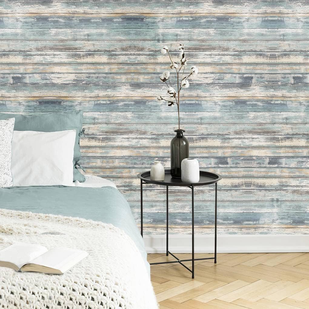 Arthome 17''x120'' Blue Rustic Wood Paper Self-Adhesive Removable Peel and Stick Wallpaper Vinyl Decorative Wood Plank Film Vintage Wall Covering for Furniture Easy to Clean Wooden Grain Paper