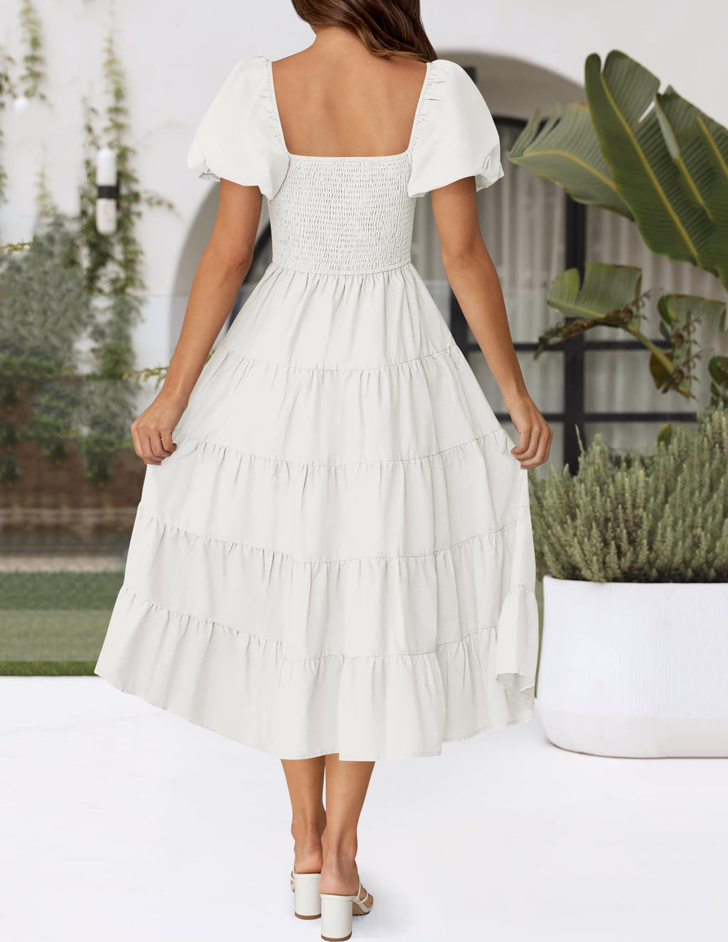 ZESICA Women's 2025 Summer Square Neck Short Puff Sleeve Solid Color High Waist Casual Smocked Flowy A Line Tiered Midi Dress,White,Small