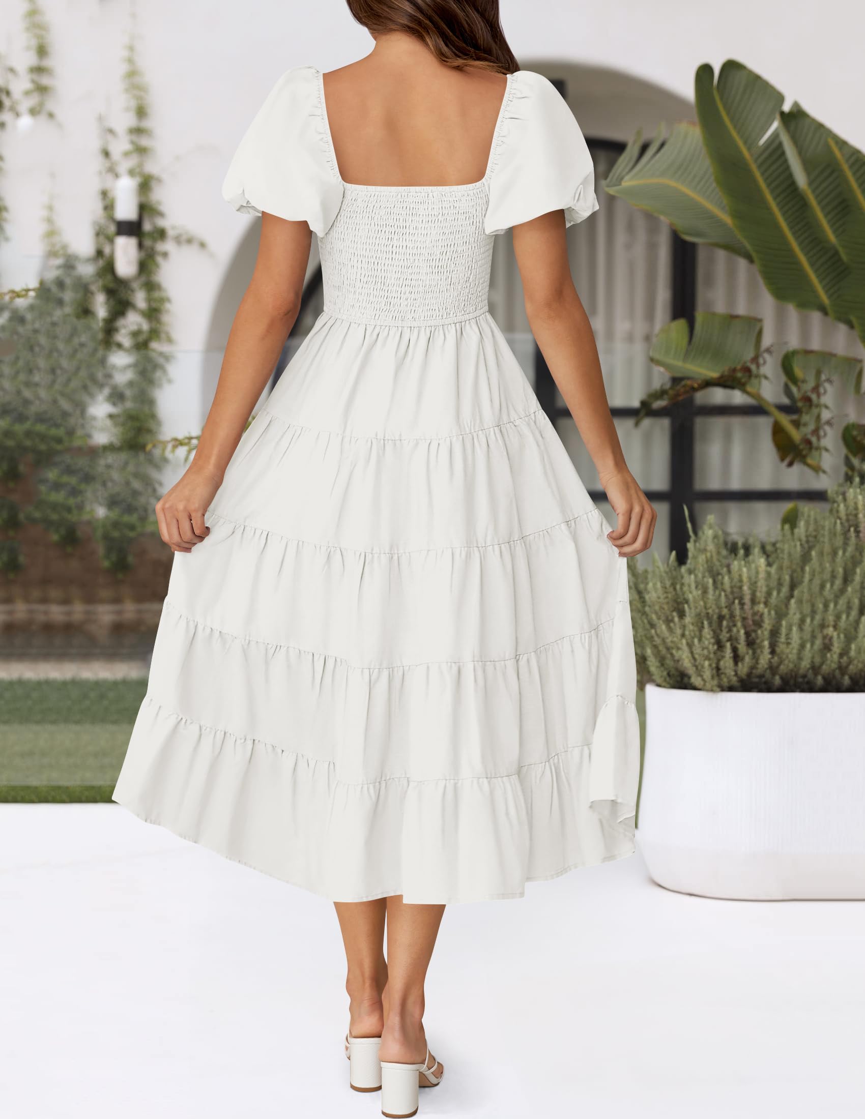 ZESICA Women's 2025 Summer Square Neck Short Puff Sleeve Solid Color High Waist Casual Smocked Flowy A Line Tiered Midi Dress,White,Small