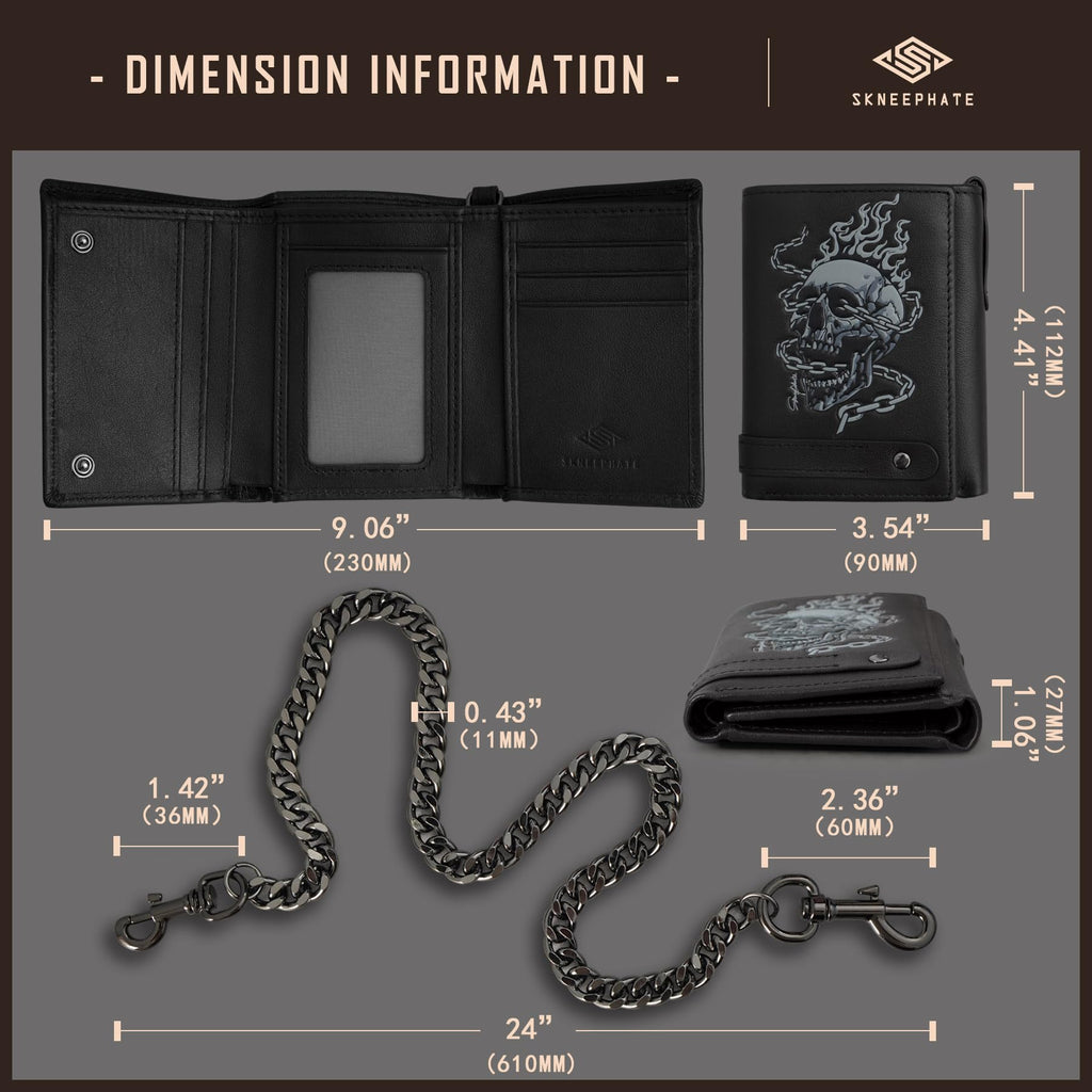 Portefeuille pour homme skneephate avec chaîne, portefeuille trifold crâne pour hommes, chaînes de portefeuille en cuir souple, idée cadeau cool pour hommes (noir)