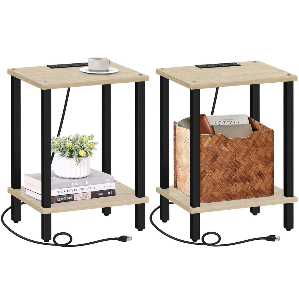 TUTOTAK End Table with Charging Station, Side Table with USB Ports and Outlets, Nightstand, 2-Tier Storage Shelf, Sofa Table for Small Space TB01BB040