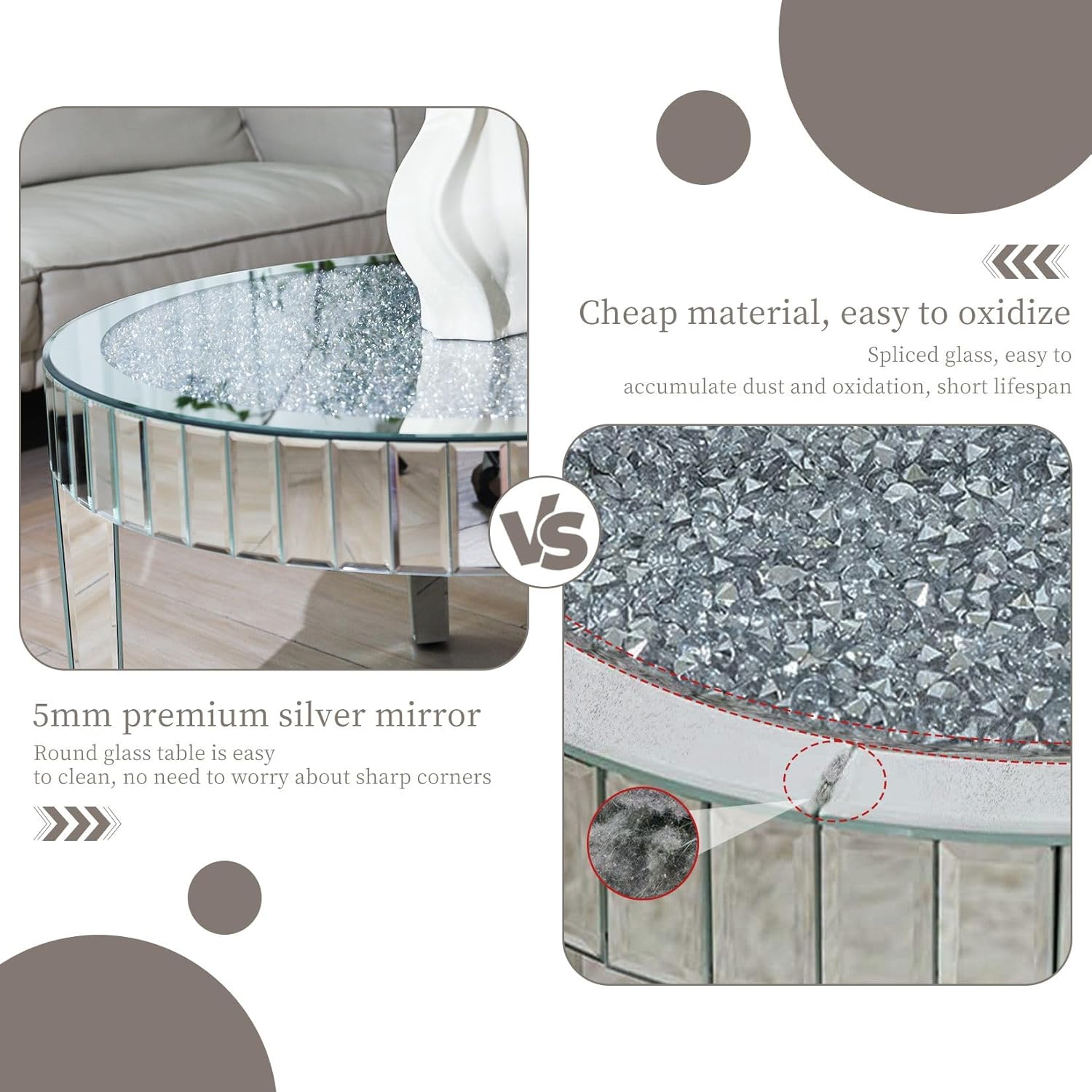 Round Mirrored Coffee Table: 31.5 inches Large Decorative Bling Crushed Diamond Tabletop with Silver Mirror Crystal Edge Frame and Legs Luxury Modern Home Decor for Livingroom