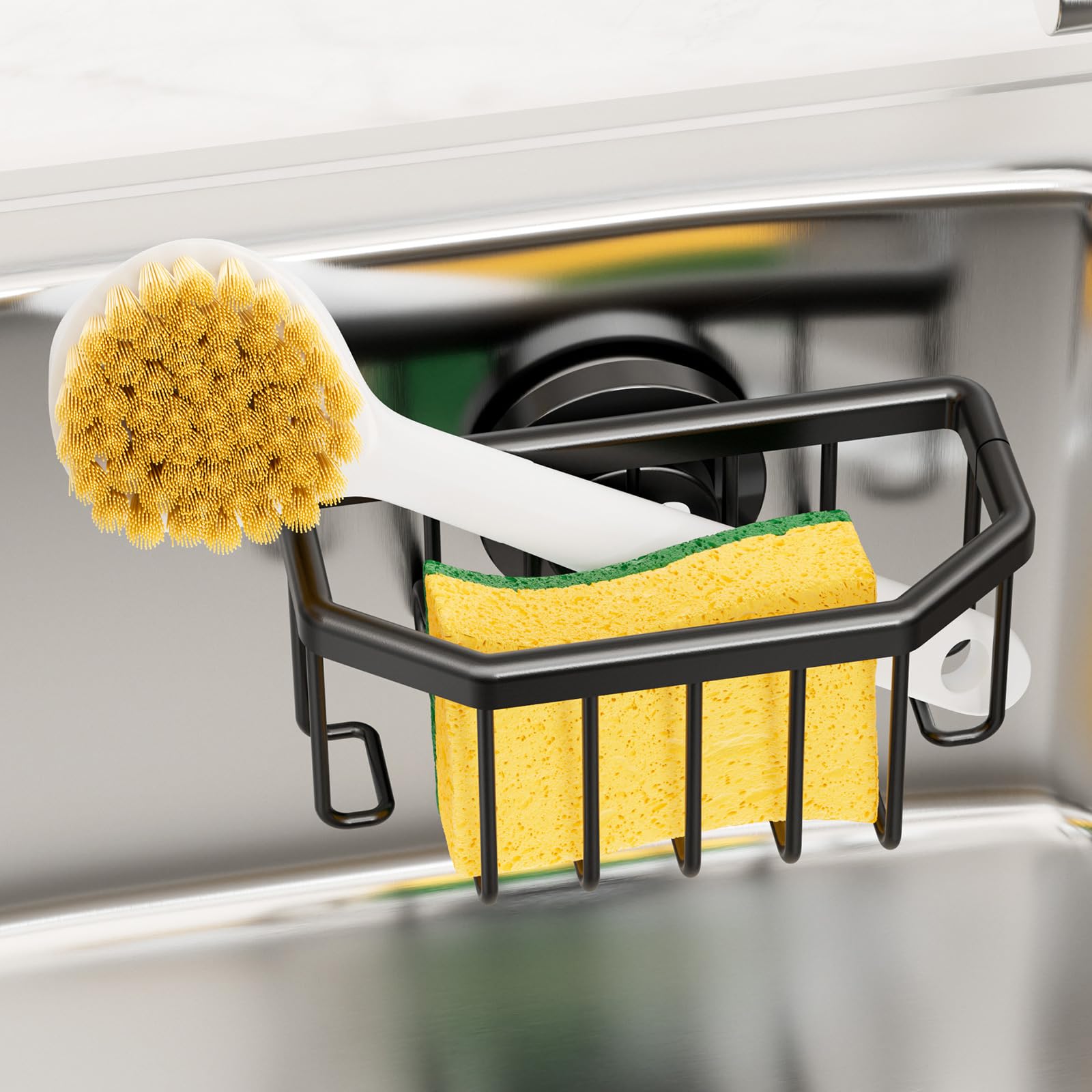 TAILI Sponge Holder with Strong Suction Cup, 4-in-1 Rustproof Sink Organizer - Sink Caddy Holds Sponges, Brushes, Stoppers & Scrapers -Black
