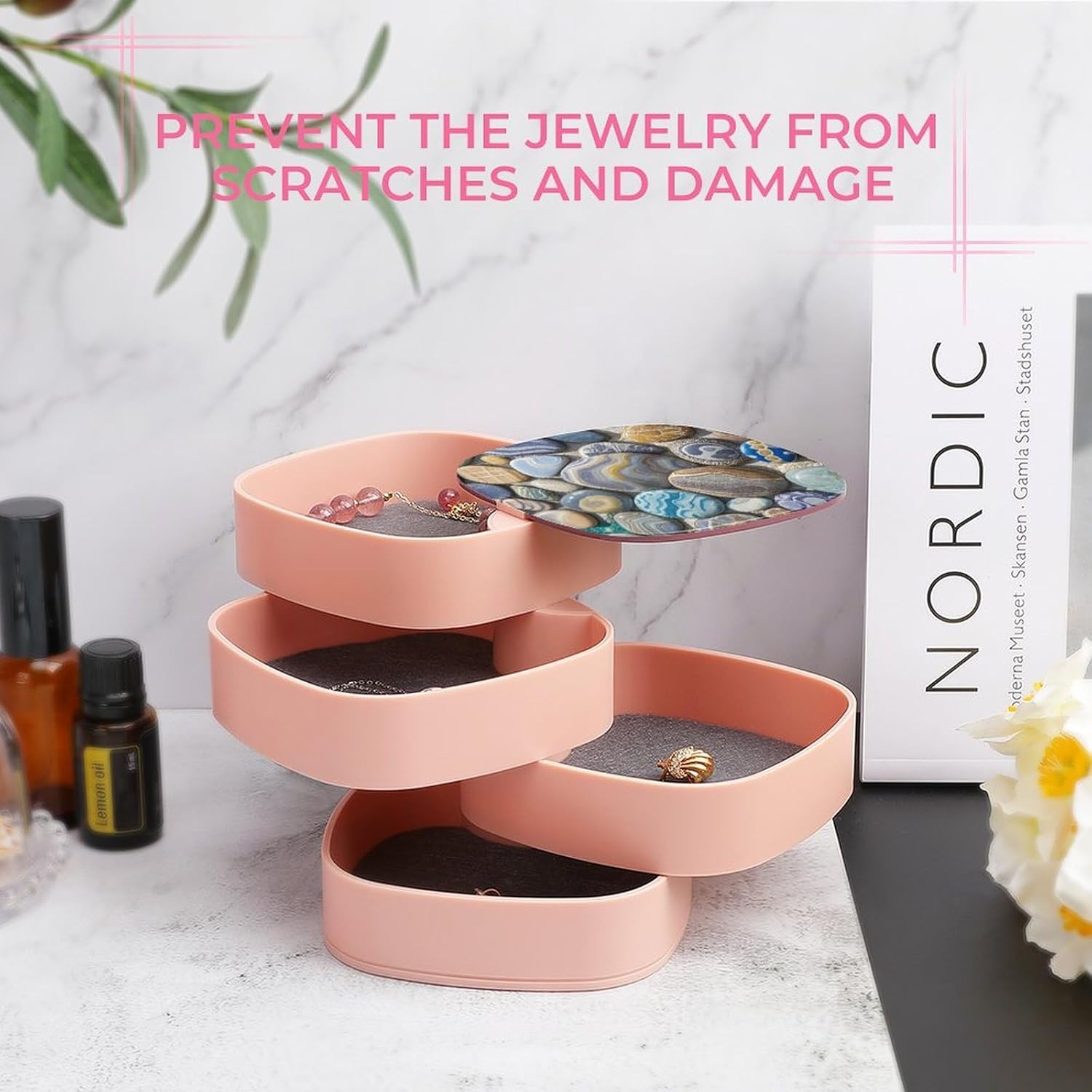 Jewelry Organizers Petoskey Stone Rotatable Jewelry Boxes 4-Layer Earring Holder for Women Travel Jewelry Case Organizer Tray for Rings Bracelets Necklaces Earrings Gifts