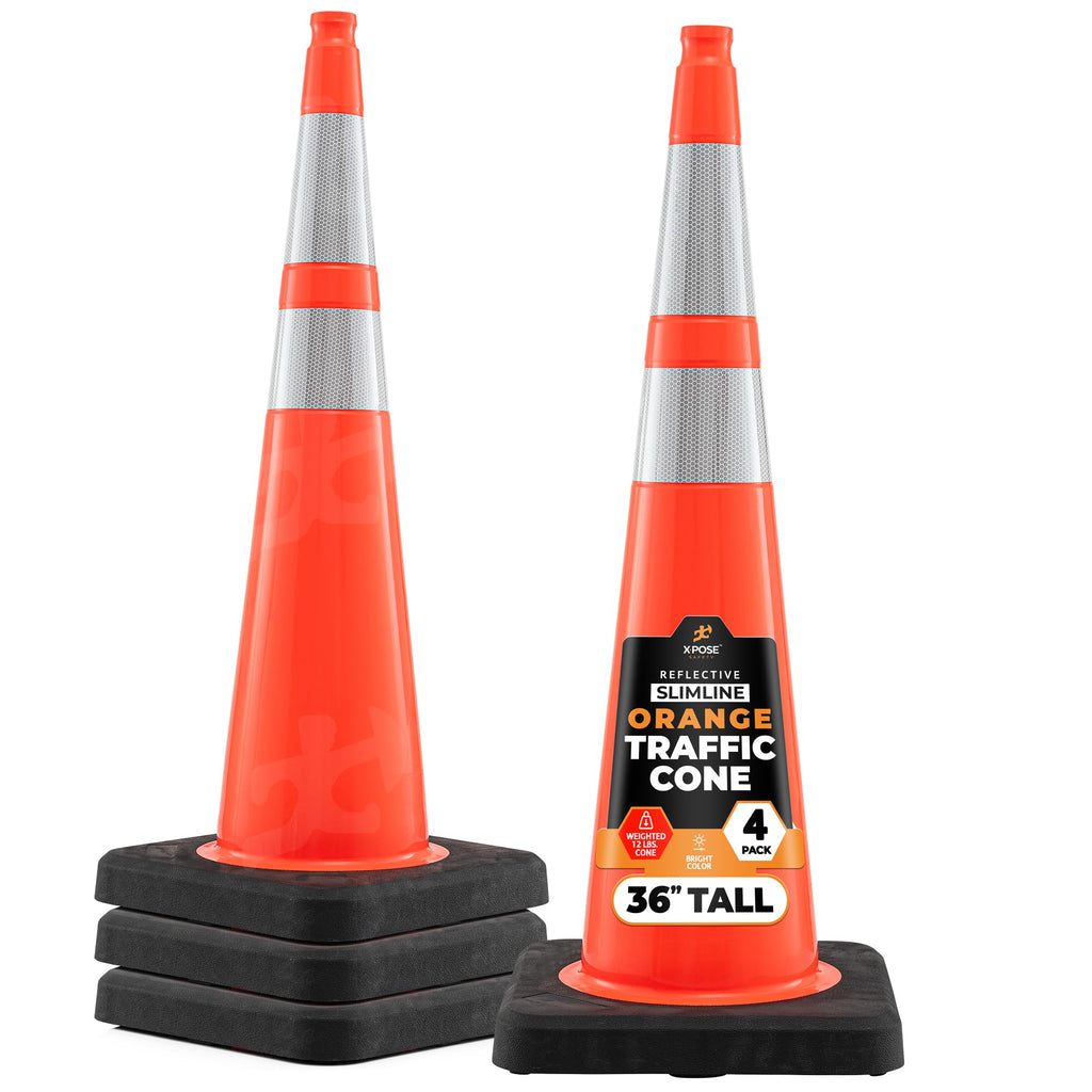 Xpose Safety 28 Inch Orange Slim Line Traffic Cones with 6" & 4" Collars, 24 Pack Multipurpose PVC Plastic Safety Cone for Parking, Soccer, Caution, Kids & Construction - DOT Approved