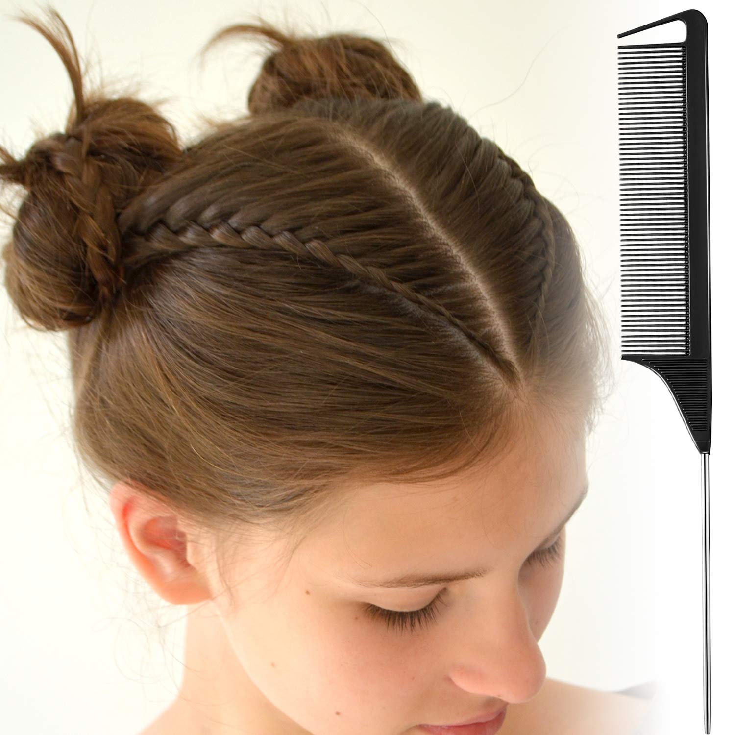 Boao 12 Packs Rat Tail Combs Black Hair Comb Stainless Steel Pin Tail Carbon Fiber Heat Resistant for Women Braids Hair Styling(Black)