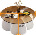 Glass Coffee Table, Mid Century Modern Design, 31.5'' Modern Round Tempered Glass Coffee Tables for Living Room, Cocktail Table for Small Space Home Office. (White + Brown)