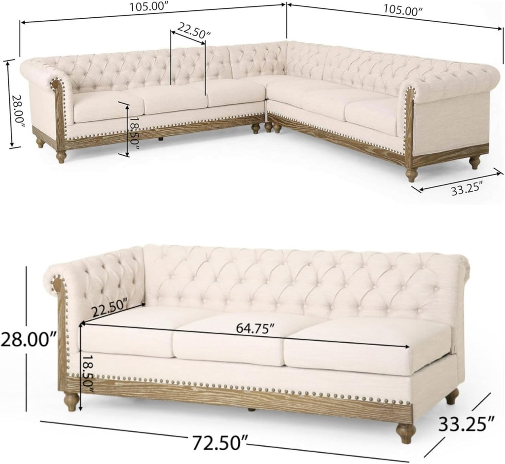 Merax Chesterfield Sofa, Retro Upholstered 6 Seater Rolled Arm Couch for Living Room Bedroom Office, Beige