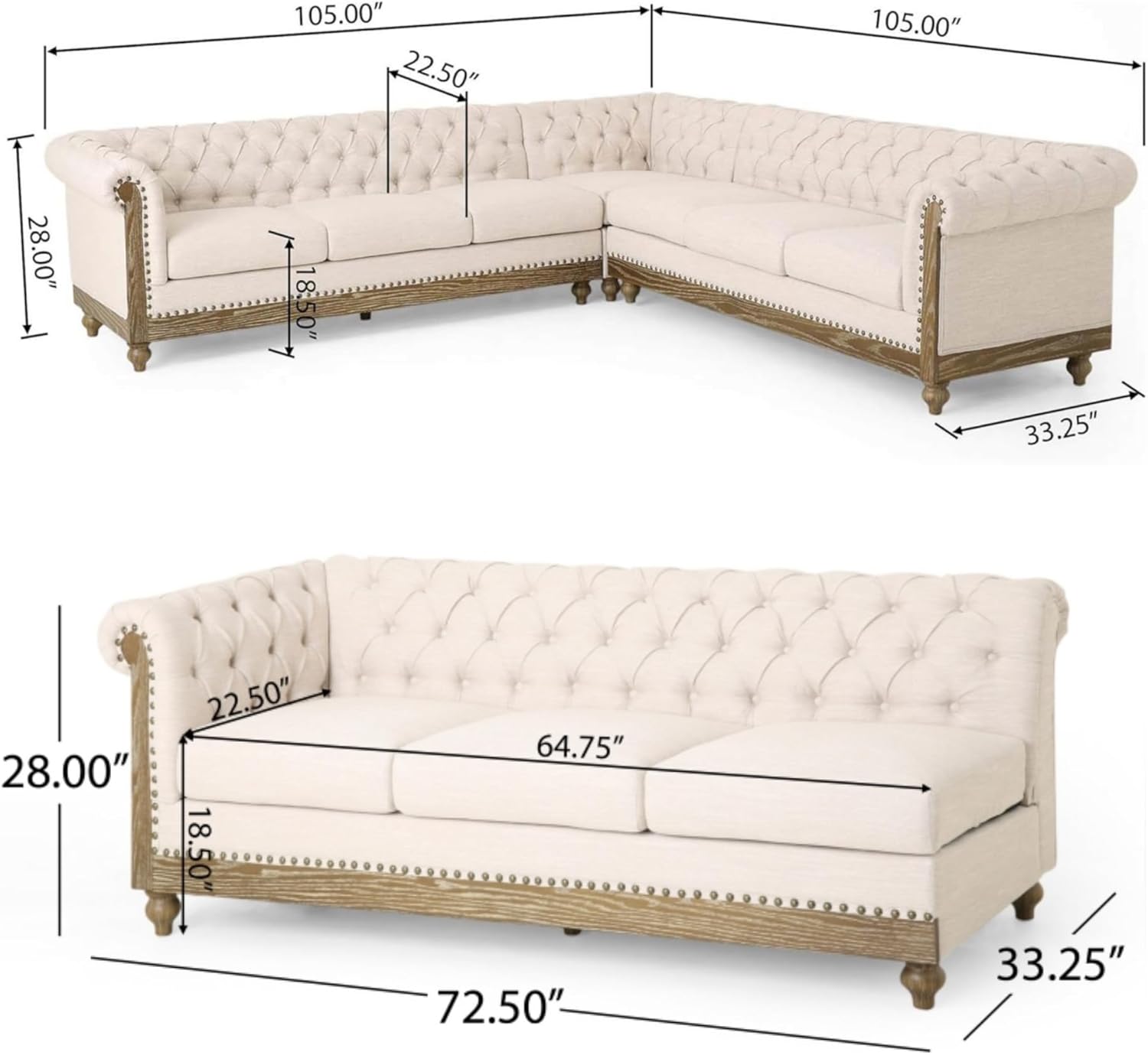 Merax Chesterfield Sofa, Retro Upholstered 6 Seater Rolled Arm Couch for Living Room Bedroom Office, Beige