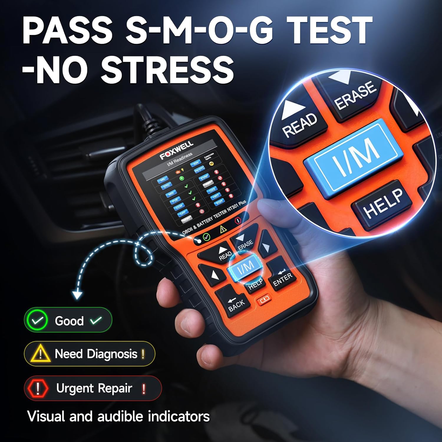 FOXWELL NT301 Plus 2-in-1 OBD2 Scanner Battery Tester, Professional Check Engine Code Reader Car Diagnostic Tool, Live Data, 12V 100-1100CCA Cranking Charging Analyzer for 1996 or Newer Vehicle