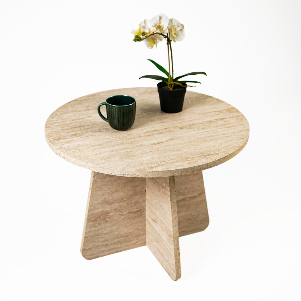 Travertine Efect Coffee Table Modern Side Table for Living Room Accent Table for Sofa or Bedroom (28.3x28.3x16.5 inches)